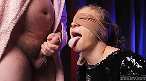 stepbrother tricks angry xsanyany into a taste game that turns into deepthroat dick sucking with cum in mouth foreplay