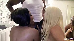 Two Blonde Cougars And Ebony Bitch Gagging On Big Black Cocks At Swinger Orgy Party