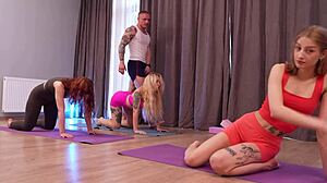 Trainer bangs all his fit yoga girls cowgirl doggystyle in public group classes close up