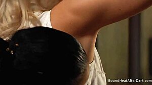 naughty lesbian slave bound tight takes mistress's big strapon deep in pussy