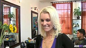 gorgeous blonde milf hairdresser seduces young guy with her horny cougar body