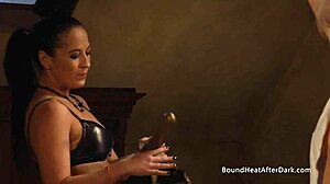 naughty lesbian slave bound tight takes mistress's big strapon deep in pussy