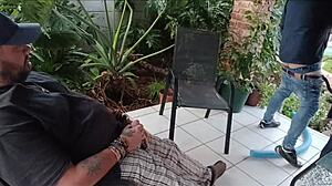 Stepbrother Deflowers Shy Stepsister as Friend Masturbates in Garden