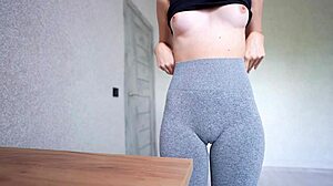 Kinky Fetish Girl Rubs Desk in Tight Gray Yoga Leggings to Orgasm