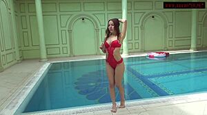 Mia Ferrari brunette big tits babe fucks tight pussy underwater pool