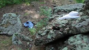 housewife's long legs and big ass spied naked outdoors in peeping jerk-off fetish tease