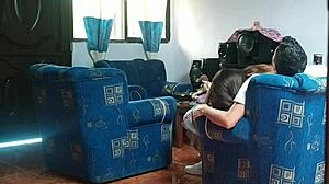 Stepsister thinks house empty and fucks boyfriend on living room couch