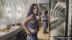 Tall brunette flashes nude body in public bathroom before solo masturbation on toilet