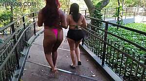 Brazilian big tits babes flash asses in public forest park