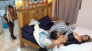 lucky guy fucks cute girlfriend and big tits maid together in same room cum covered!