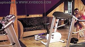 naughty blonde milf rides MONSTER cock on treadmill sucking big tits bouncing