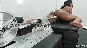 busty ebony shaves pussy for intense machine ride