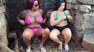 Brazilian big tits babes flash asses in public forest park