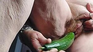 Oma shoves cucumber deep in old hairy beaver slut granny fucks hard